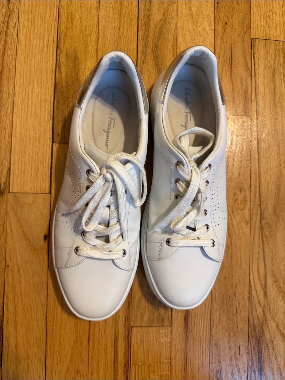 Salvatore Ferragamo White Leather Low-Top Lace-Up Sneakers